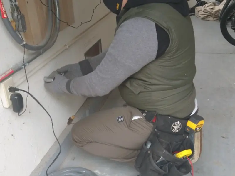Electrician performing outlet wiring in a Windom garage